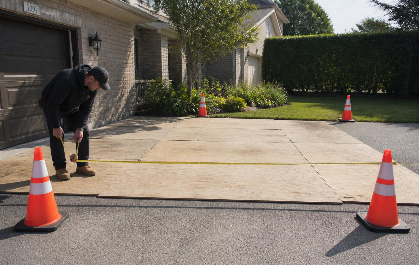 Worker measuring driveway clearance with cones and plywood boards before a dumpster delivery