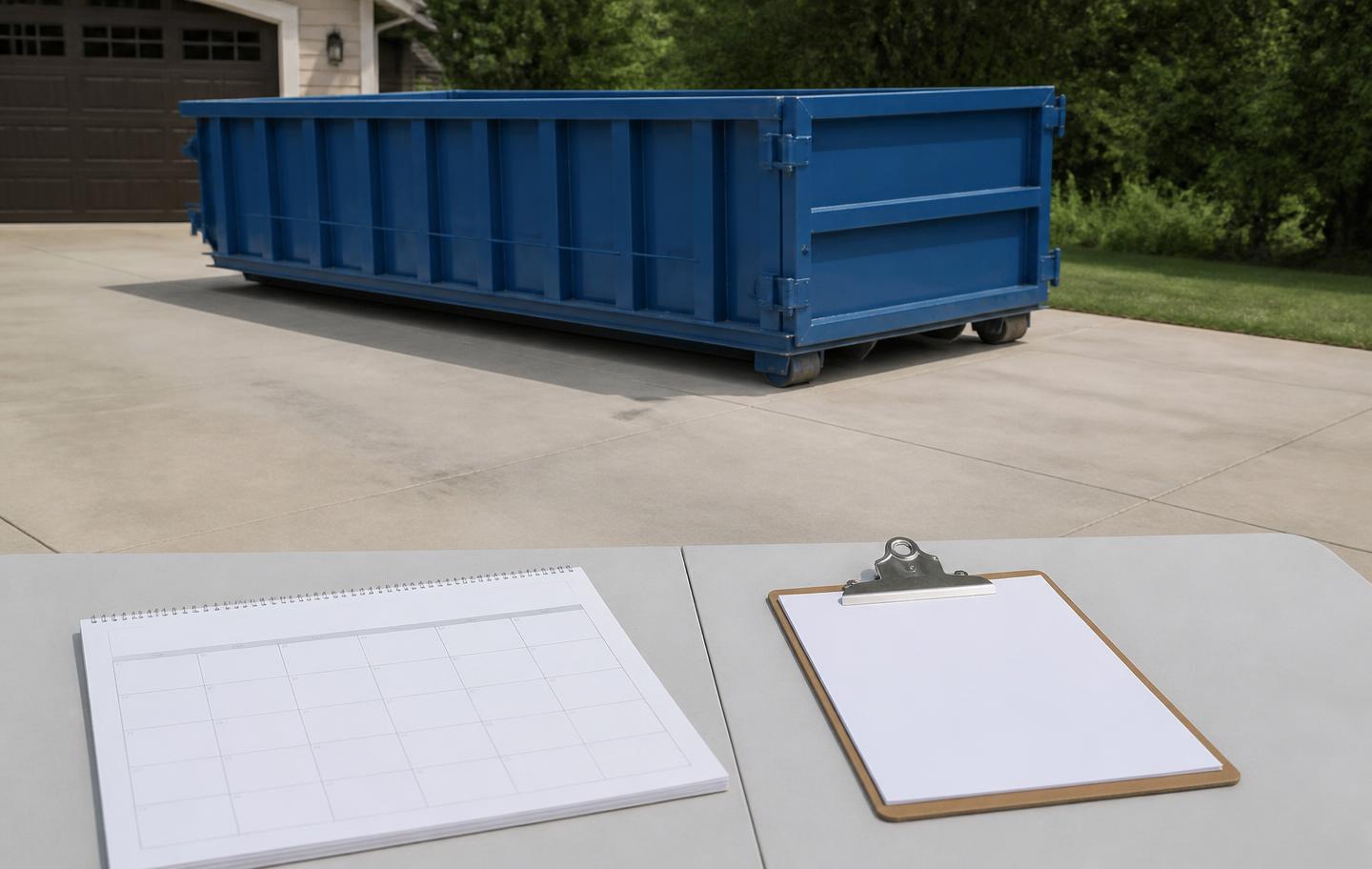 Roll-off dumpster on a driveway with a calendar and project schedule in the foreground