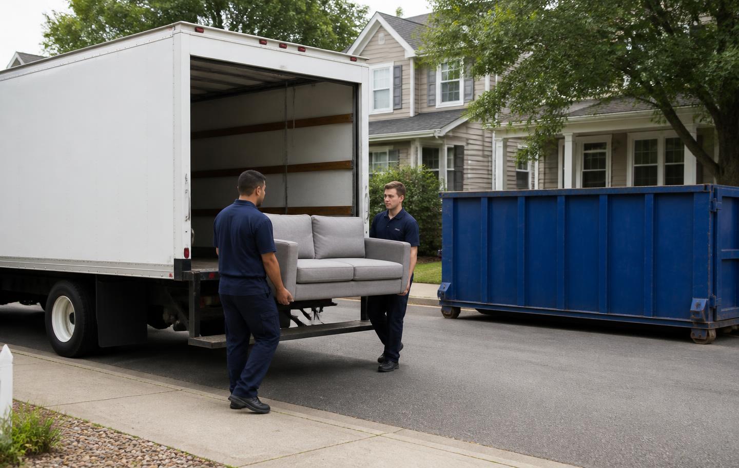 Junk removal crew loading a sofa into a truck next to a roll-off dumpster