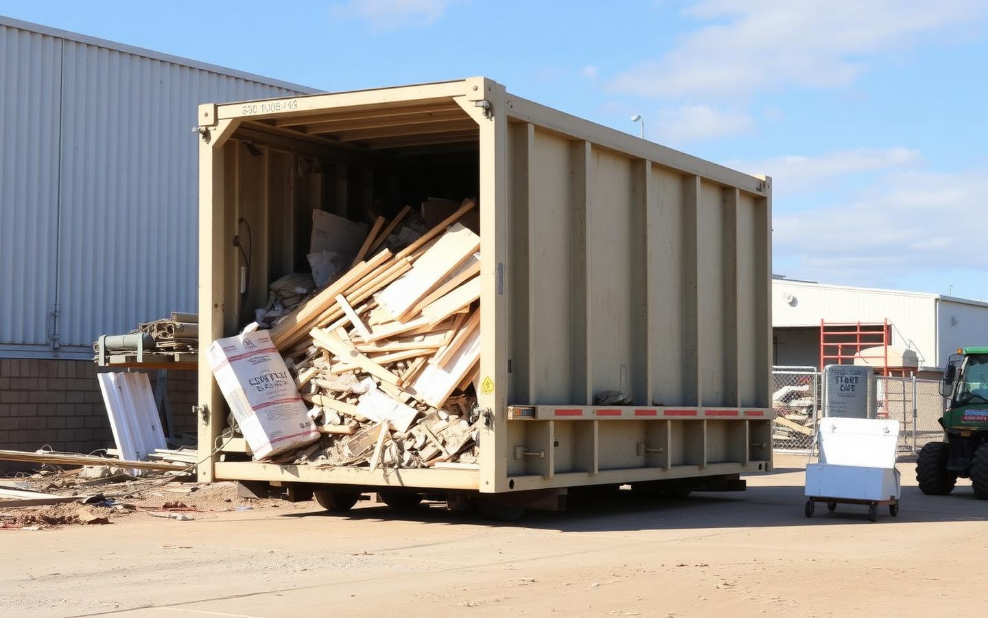 Tall 30-yard roll-off dumpster holding construction debris at a job site