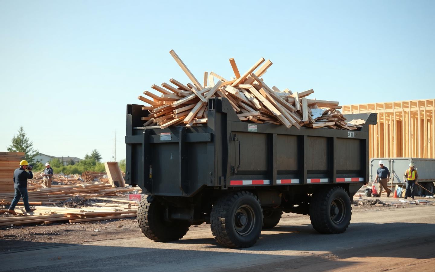 Roll-off dumpster filled with lumber and drywall debris on an active construction site