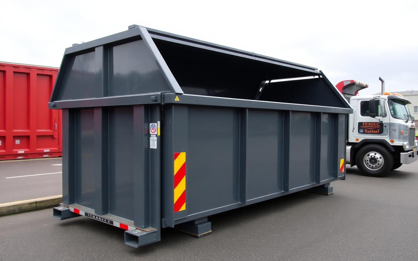 Charcoal roll-off dumpster container beside a hauling truck, ready for nationwide delivery