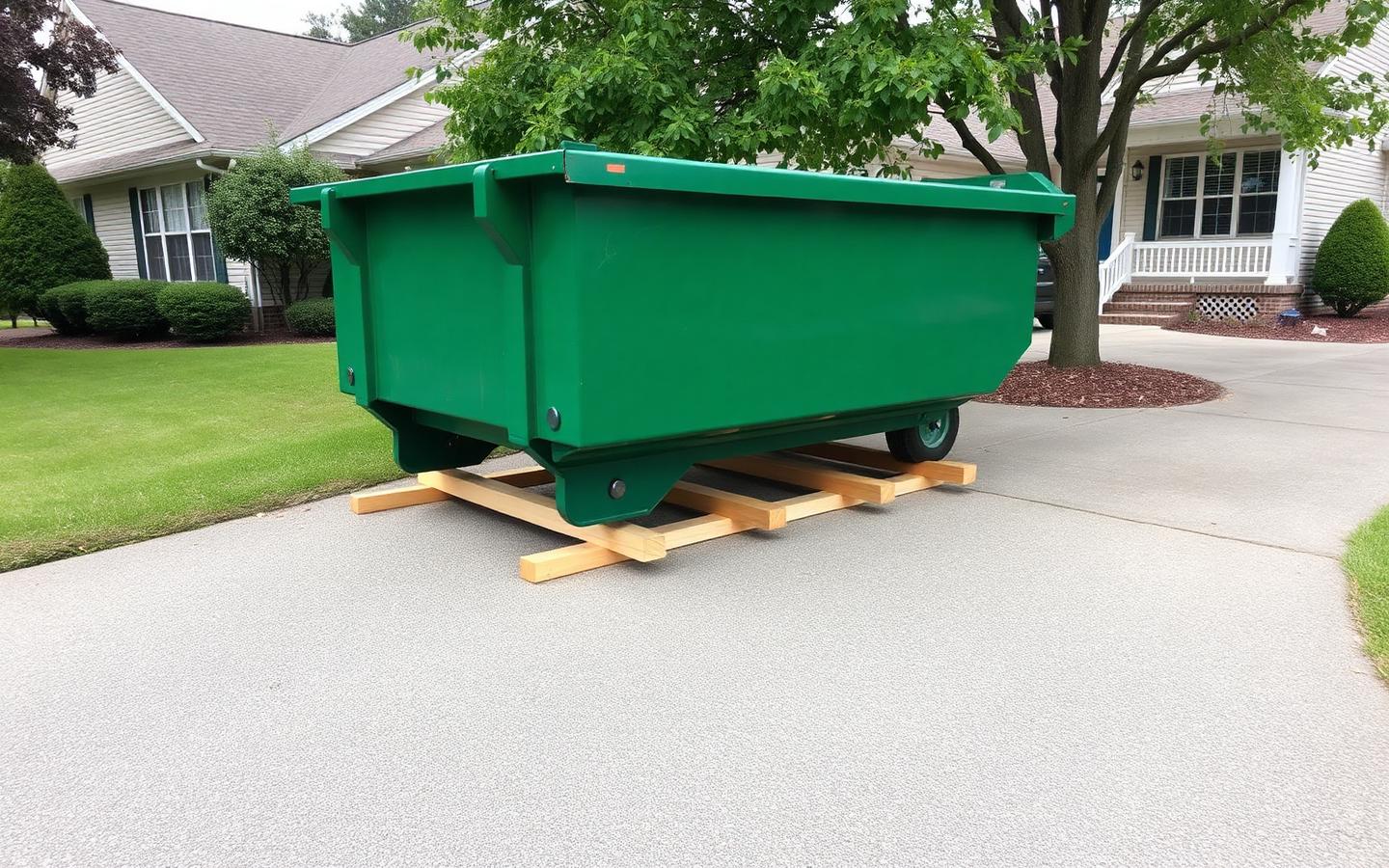Green roll-off dumpster set on protective boards in a suburban home driveway